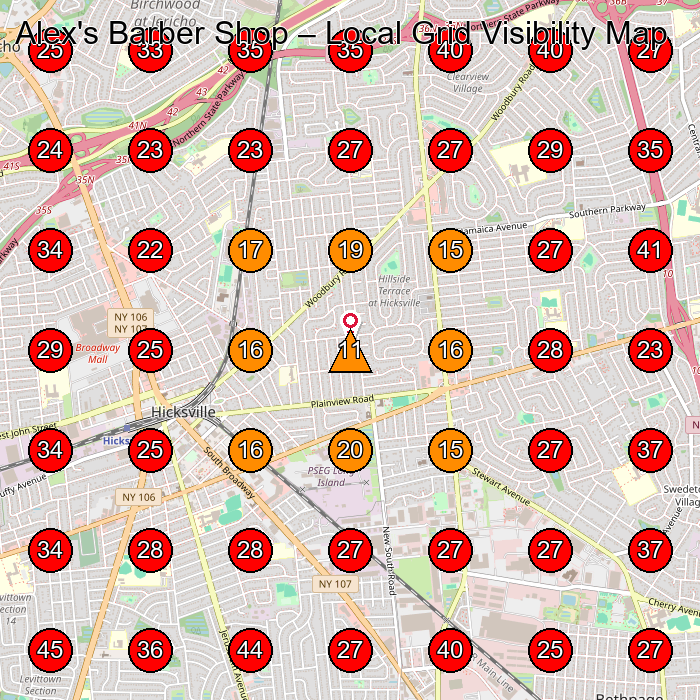 Alex's Barber Shop GeoGrid visibility map for Barber Shop in Hicksville